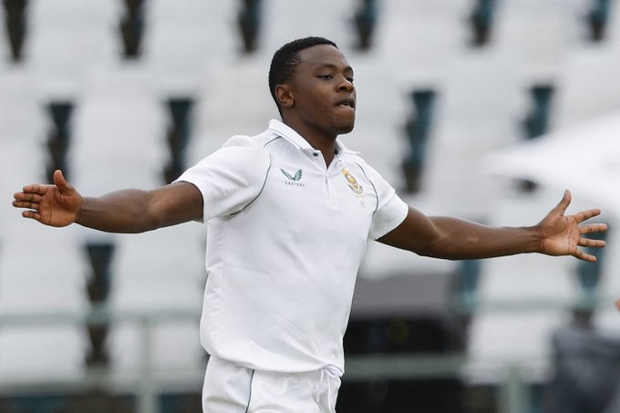 Kagiso Rabada celebrates after taking a wicket.