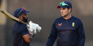 Proteas captain, Temba Bavuma and coach Mark Boucher in discussion at cricket training
