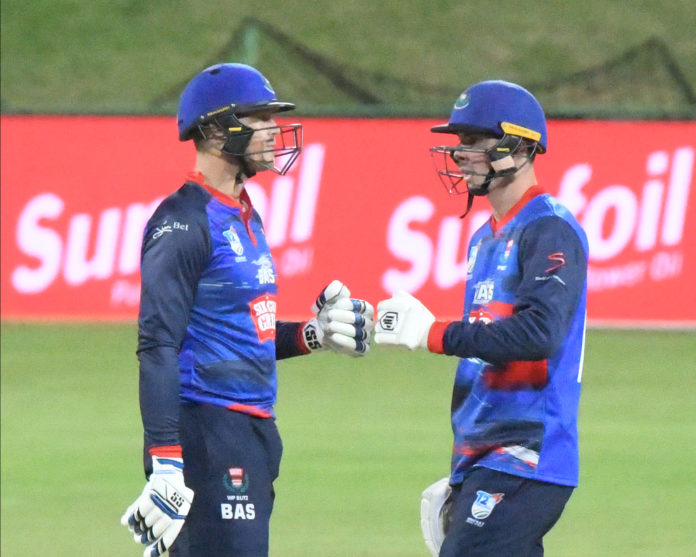 POTCHEFSTROOM, SOUTH AFRICA - OCTOBER 27: Daniel Smith and George Linde of Western Province during the CSA T20 Challenge match between Six Gun Grill Western Province and North West Dragons at JB Marks Oval on October 27, 2022 in Potchefstroom, South Africa. (Photo by Sydney Seshibedi/Gallo Images)