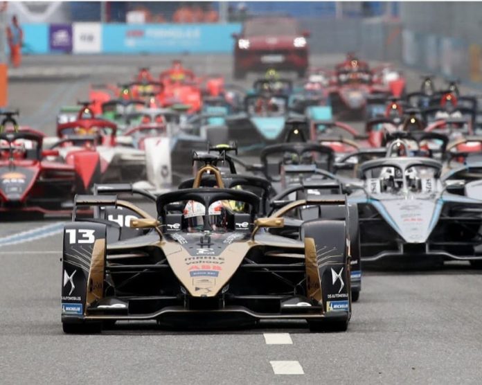 Formula E cars in a bunch out on track - soon to race in the streets of Cape Town