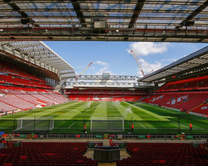 An empty Anfield, home of Liverpool F.C.