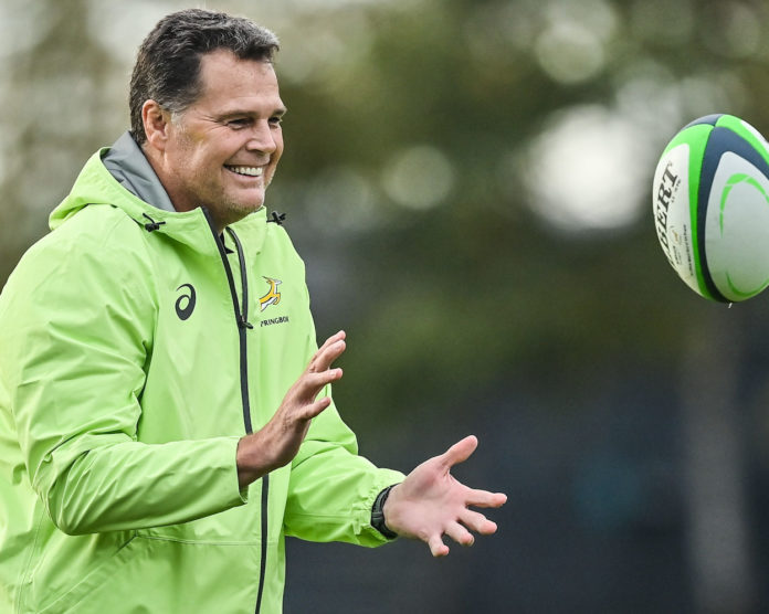 Rassie Erasmus catching a Rugby ball at Springbok training