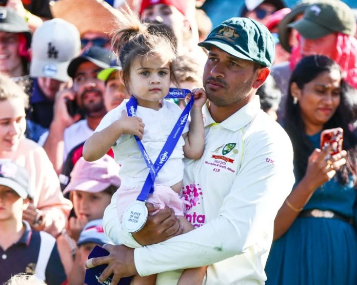 Austarlian Opening batter, Usman Khawaja and his daugter, Aisha after the test series victory against the Proteas.