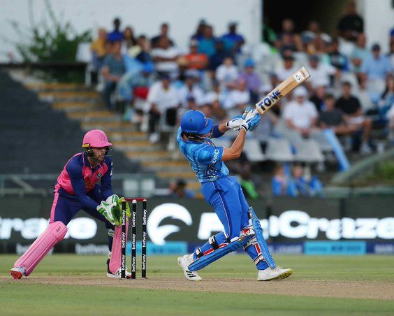 Dewald Brevis launches a ball for six in MI Cape Town's SA20 opener agianst Paarl Royals