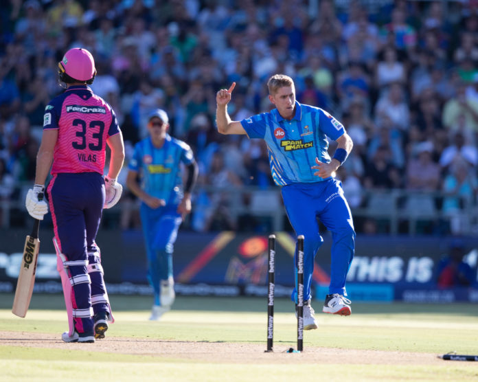 Olly Stone of MI Cape Town reacts as he dismisses Dane Vilas of Paarl Royals