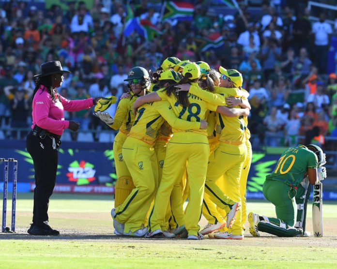 The Australia Women's cricket team celebrates after beating the Proteas in the final of the ICC Women's T20 Cricket World Cup