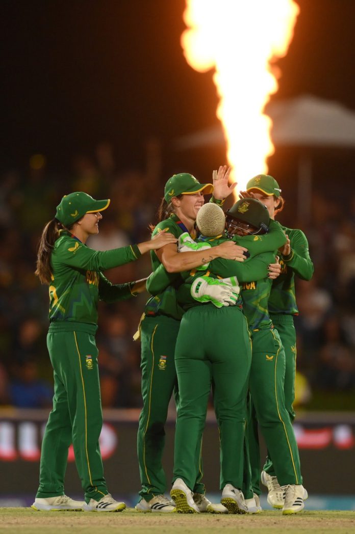 The Momentum Proteas celebrating a wicket at the ICC Women's T20 Cricket World Cup