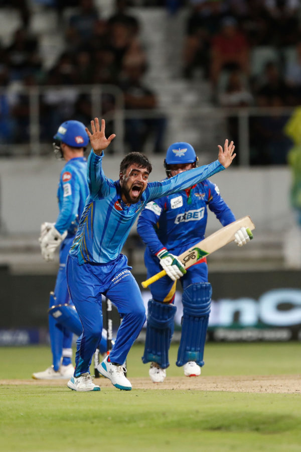 Rashid Khan of MI Cape Town unsuccessfully claims for the wicket of Matthew Breetzke of the Durban Super Giants