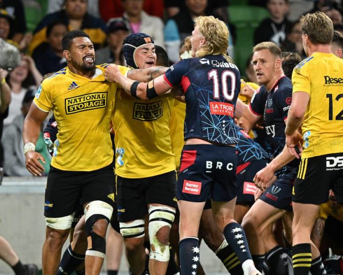 Adrie Savea in the middle of a scuffle during the Highanders 39-33 win over the Rebels.