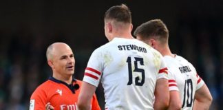 Jaco Peyper in a conference with Freddy Steward and England's captain, Owen Farrell