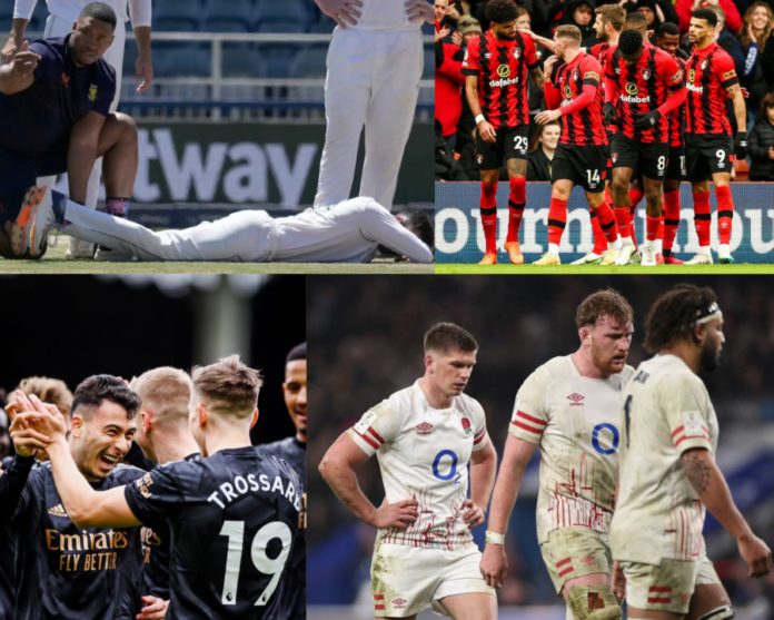 Collage - Keshav Maharaj recieving treatment to his Achilles, Bournemouth celebrating their goal against Liverpool, Arsenal forward Martinelli celebrating his goal and a disappointed English Rugby team